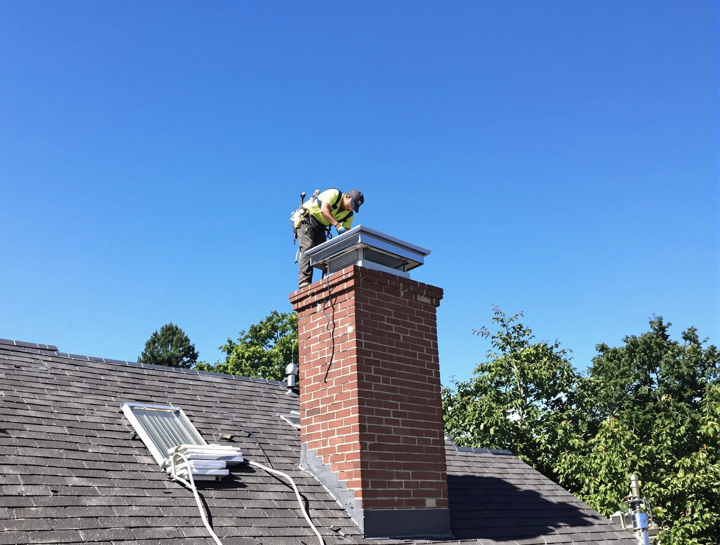 Plainfield Chimney Sweep technician measuring a chimney cap in Plainfield, NJ